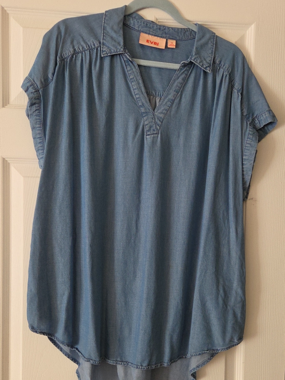 EVRI Light Blue Denim-Feel V-Neck Tunic